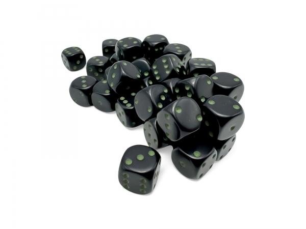 Opaque Black/green 12mm d6 Dice Block (36 dice)