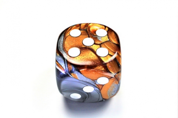 Chessex: Gemini Copper-Steel/white 50mm d6 dice w/pips