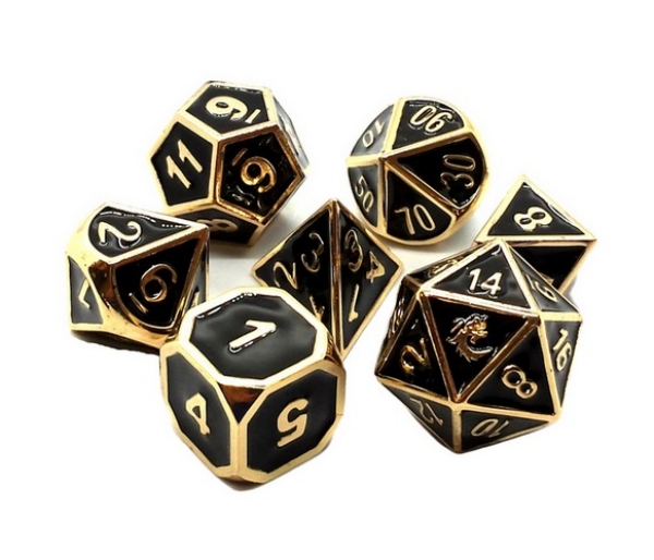 Old School 7 Piece DnD RPG Metal Dice Set: Elven Forged - Black w/ Gold