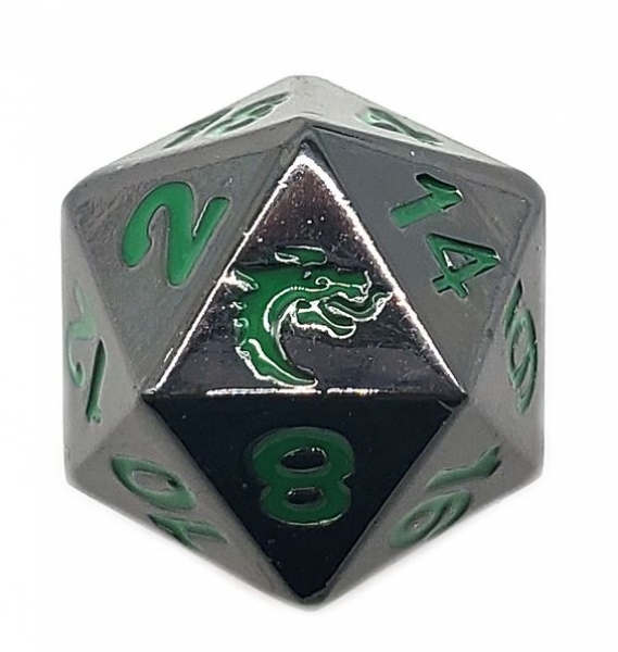 Old School DnD RPG Metal D20: Halfling Forged - Black Nickel w/ Green