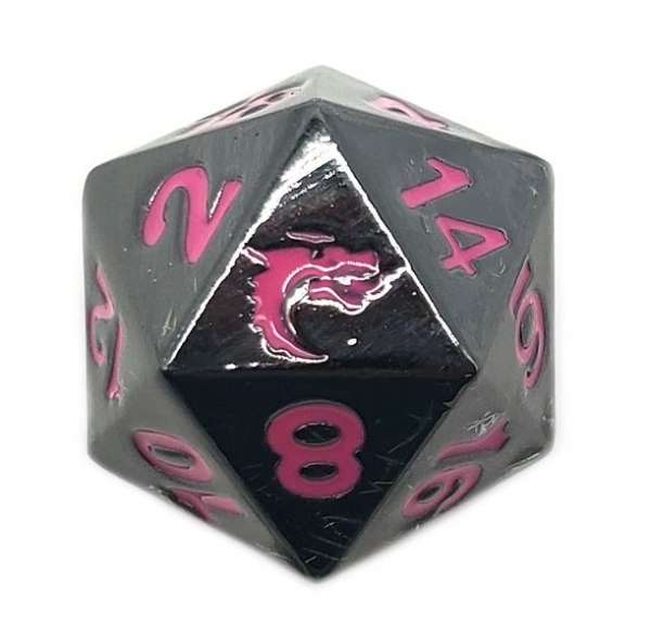 Old School DnD RPG Metal D20: Halfling Forged - Black Nickel w/ Pink