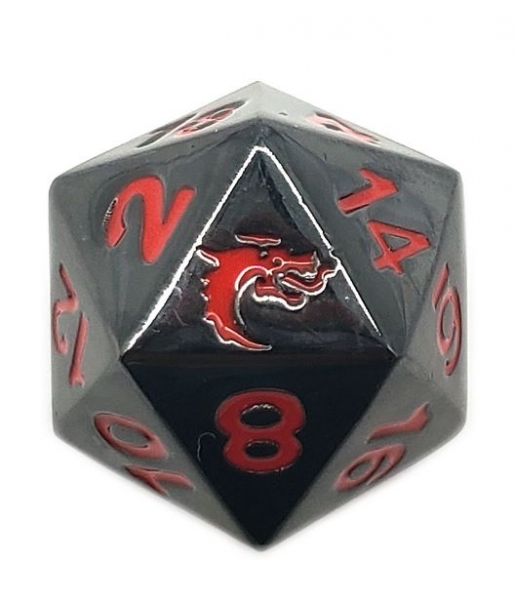 Old School DnD RPG Metal D20: Halfling Forged - Black Nickel w/ Red