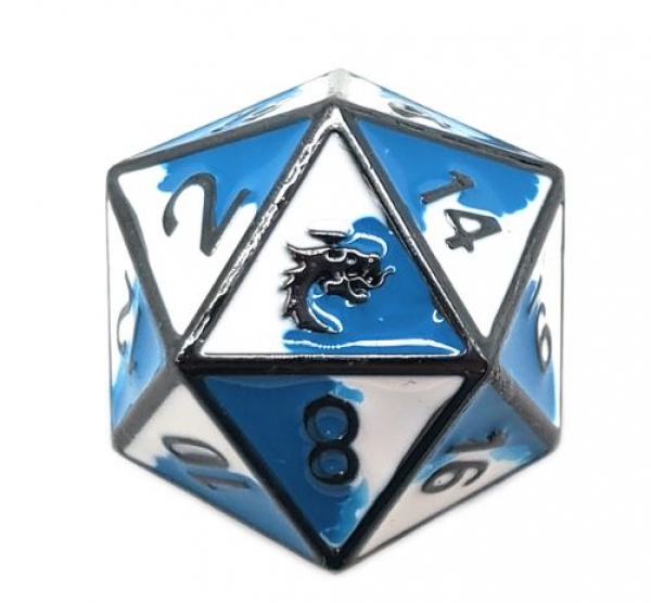 Old School DnD RPG D20 Metal Dice: Dragon Forged - Blue & White w/ Black Nickel