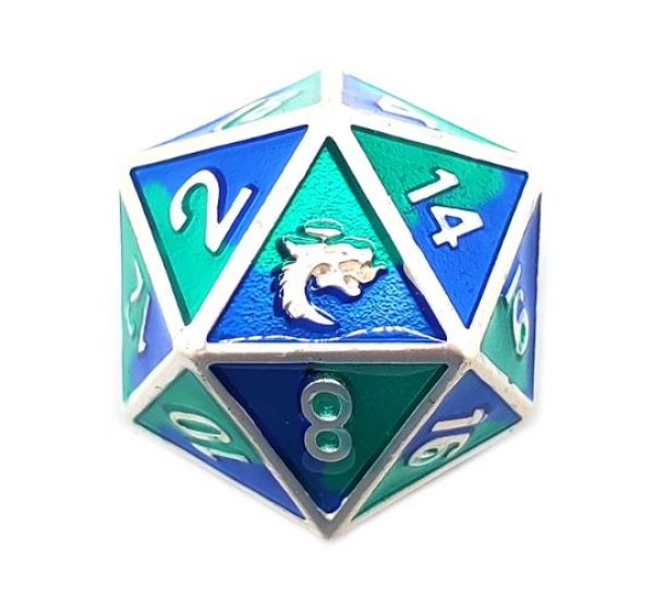 Old School DnD RPG D20 Metal Dice: Dragon Forged - Platinum Blue & Green