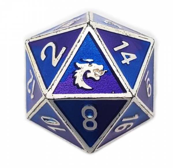 Old School DnD RPG D20 Metal Dice: Dragon Forged - Platinum Purple & Blue