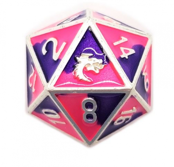 Old School DnD RPG D20 Metal Dice: Dragon Forged - Platinum Purple & Pink