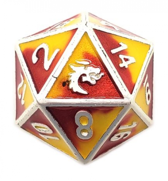 Old School DnD RPG D20 Metal Dice: Dragon Forged - Platinum Red & Yellow