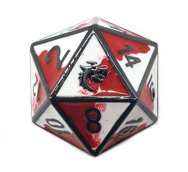 Old School DnD RPG D20 Metal Dice: Dragon Forged - Red & White w/ Black Nickel