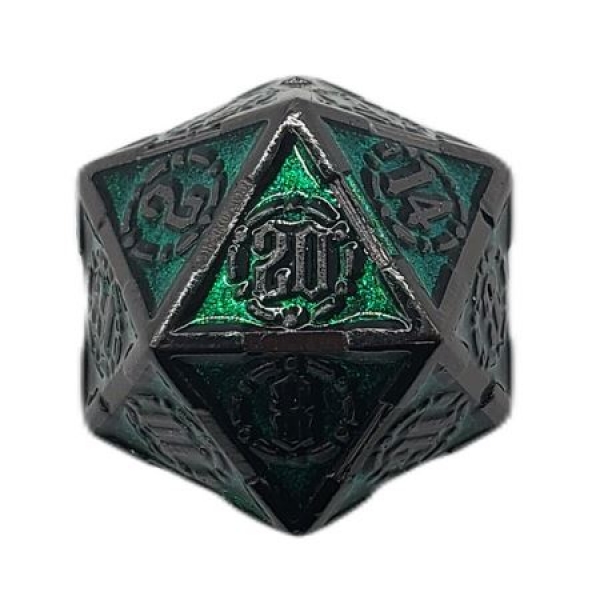 Old School 22mm D20 Metal Die: Knights of the Round Table - Emerald w/ Black
