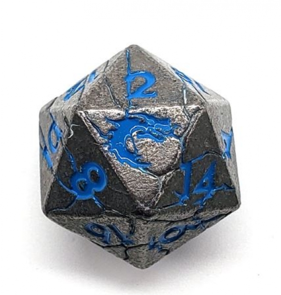 Old School DnD RPG Metal D20: Orc Forged - Ancient Silver w/ Blue