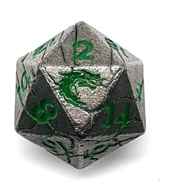 Old School DnD RPG Metal D20: Orc Forged - Ancient Silver w/ Green
