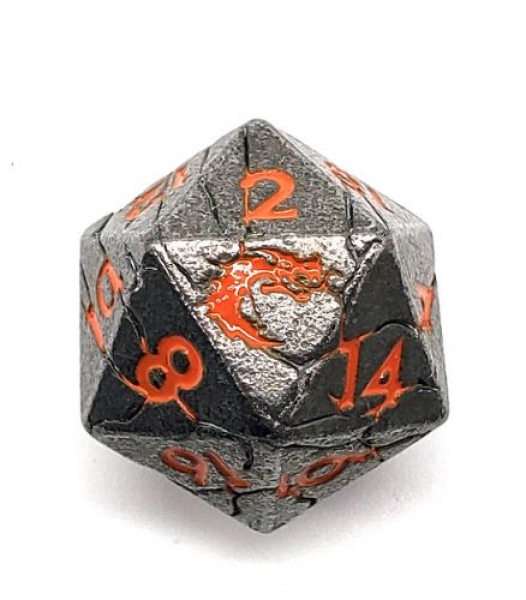 Old School DnD RPG Metal D20: Orc Forged - Ancient Silver w/ Orange