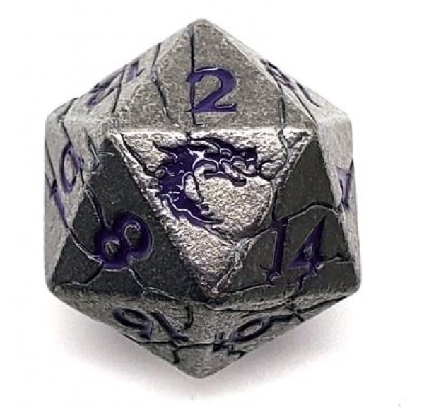 Old School DnD RPG Metal D20: Orc Forged - Ancient Silver w/ Purple