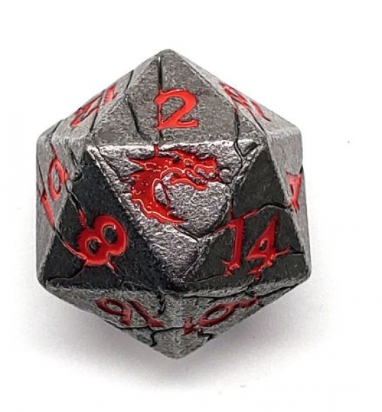 Old School DnD RPG Metal D20: Orc Forged - Ancient Silver w/ Red