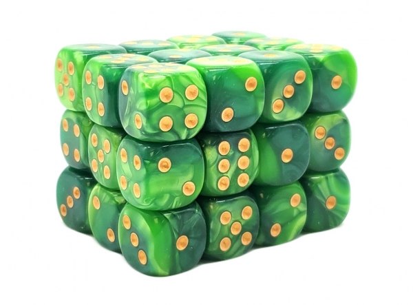Old School Dice: 12mm D6 Vorpal - Green Splash w/ Gold (36)