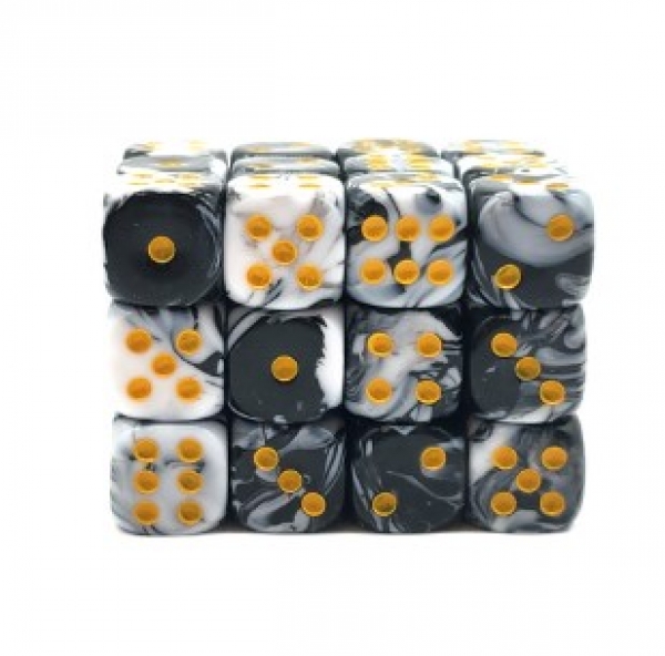 Old School Dice: 12mm D6 Vorpal - Black & White w/Gold (36)