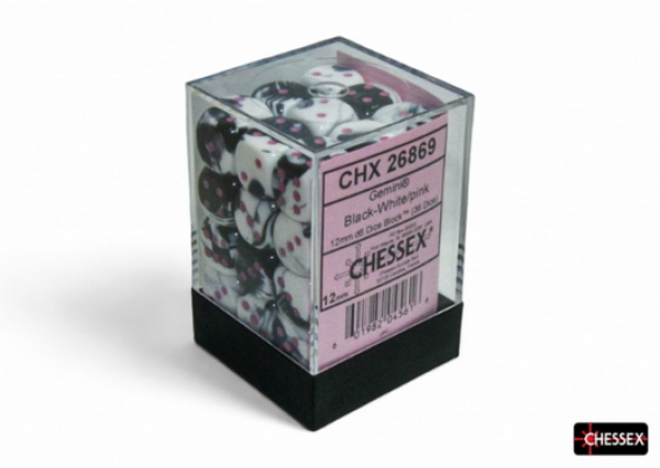 Chessex Dice Sets: Gemini Black-White/pink 12mm d6 Dice Block (36 dice)