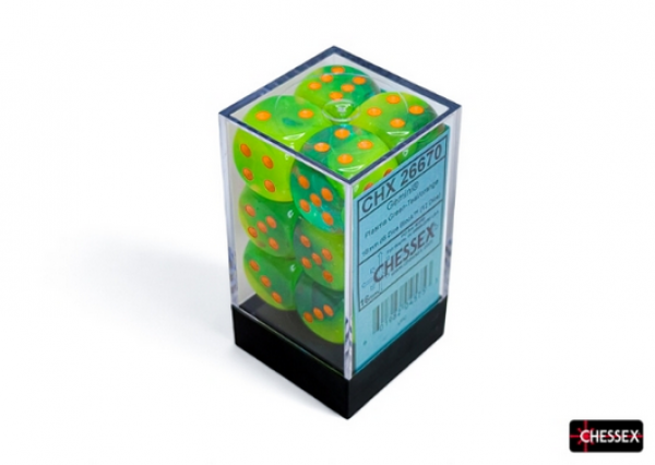 Chessex Dice Sets: Gemini Plasma Green-Teal/Orange Luminary 16mm d6 Dice Block (12 dice)