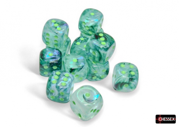 Chessex: Borealis Kelp/light green Luminary 16mm d6 Dice Block (12 dice)