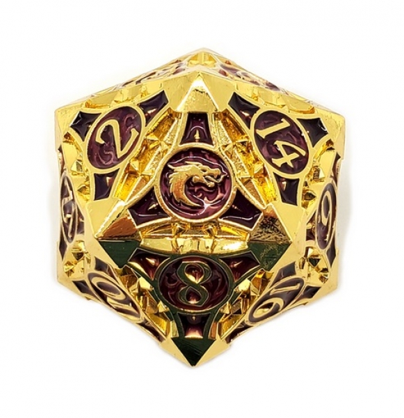 Old School RPG Metal Dice: Gnome Forged 40mm D20 - Gold w/ Purple