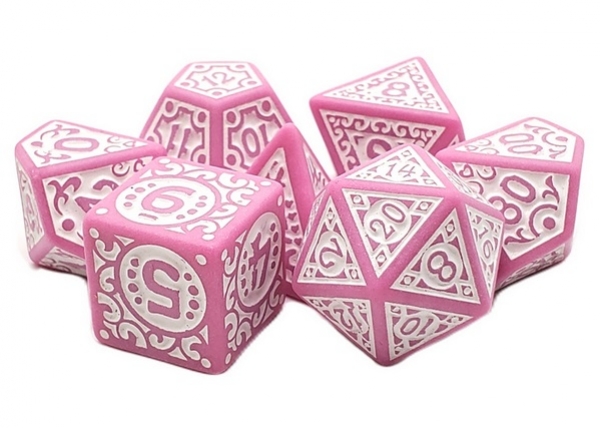 Old School 7 Piece DnD RPG Dice Set: Rune Dice - Magical Runes - White w/ Pink (7)