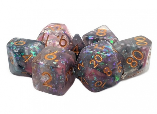 Old School RPG Dice Set: Particles - Pink, Green & Black Mist (7)