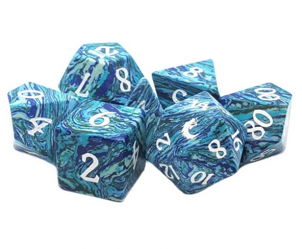Old School RPG Dice Set: Gemstone - Turquoise Striped Blue & Green w/ White (7)