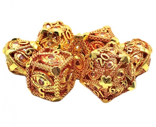 Old School RPG Metal Dice Set: Hollow All Seeing Eye Dice - Gold w/ Red (7)