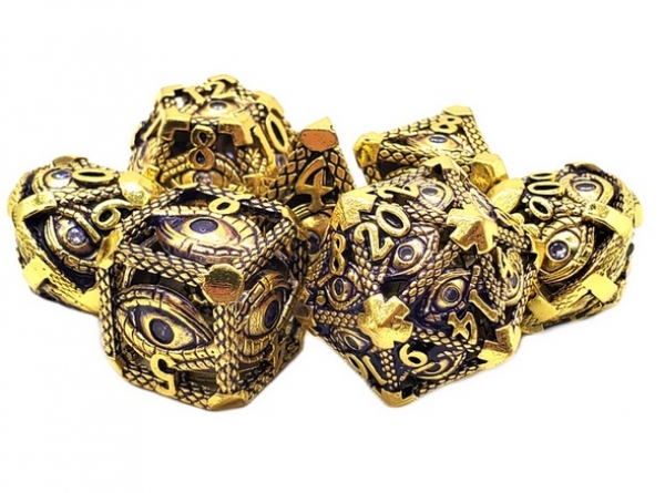 Old School RPG Metal Dice Set: Hollow All Seeing Eye Dice - Gold w/ Purple (7)
