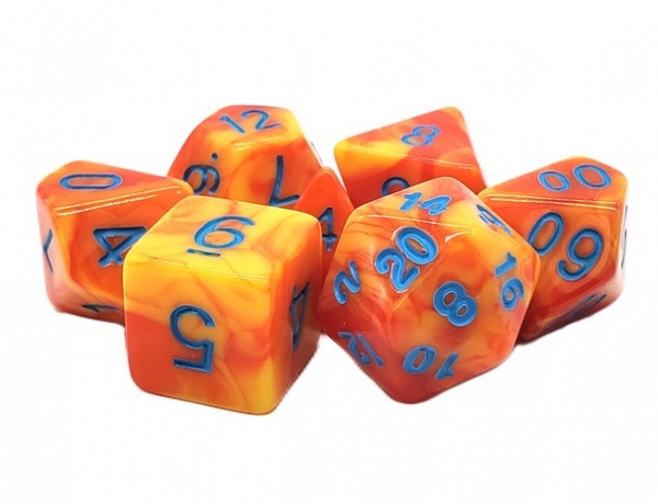 Old School RPG Dice Set: Vorpal - Red & Yellow w/ Blue (7)