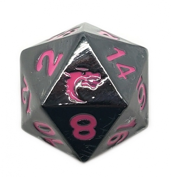 Old School RPG Metal Dice: Metal D20 Halfling Forged - Black Nickel w/ Pink