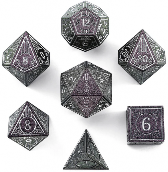 Solid Metal Bard RPG Dice Set - Glitter Purple w/Silver