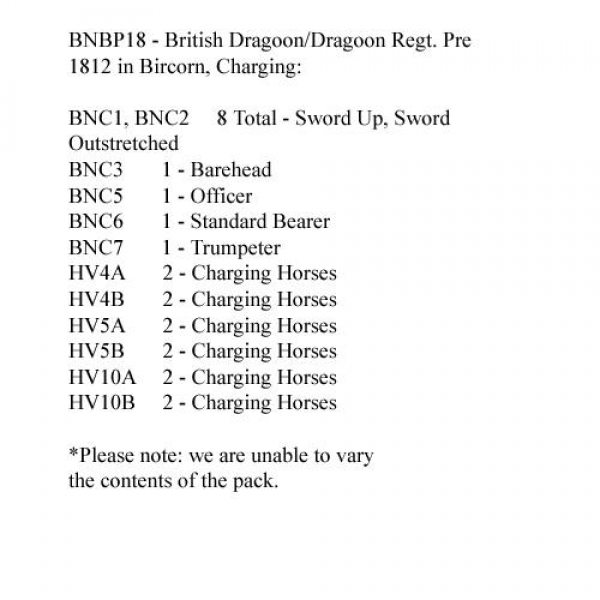 Front Rank Miniatures: BNBP18 Napoleonic British Dragoon/Dragoon Guard Regt - Pre 1812, Bicorn, Char