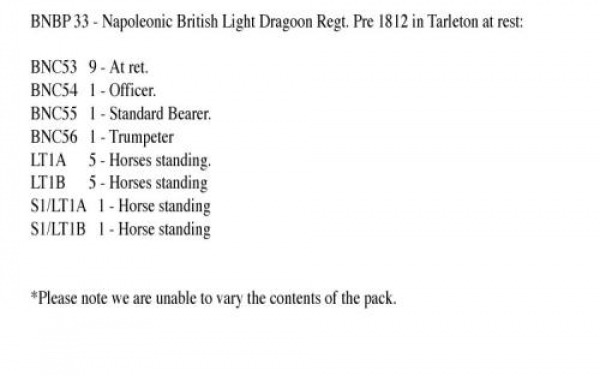 Front Rank Miniatures: BNBP33 Napoleonic British Light Dragoon Regiment - Pre 1812, Tarleton, At Res