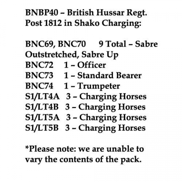 Front Rank Miniatures: BNBP40 Napoleonic British Hussar Regiment - Post 1812, In Shako, Charging (12