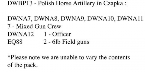 Front Rank Miniatures: DWBP13 Polish Horse Artillery In Czapka 2 x 6lb Field Guns & Crew