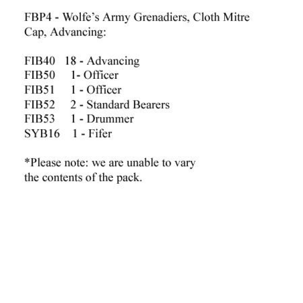 Front Rank Miniatures: FBP4 Wolfe's Grenadier Battalions - British Grenadier, Cloth Mitre Cap, Advan