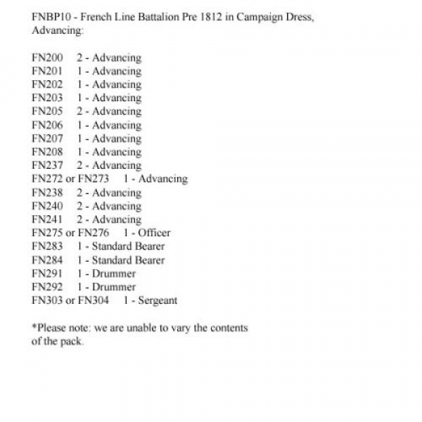 Front Rank Miniatures: FNBP10 French Line Pre 1812, Campaign Dress & Mixed Head Gear, Advancing (25 