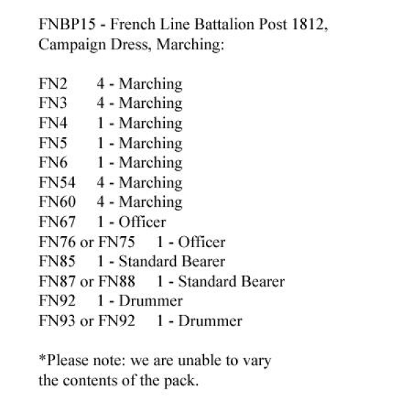 Front Rank Miniatures: FNBP15 French Line Post 1812, Campaign Dress & Mixed Head Gear, Marching (25 