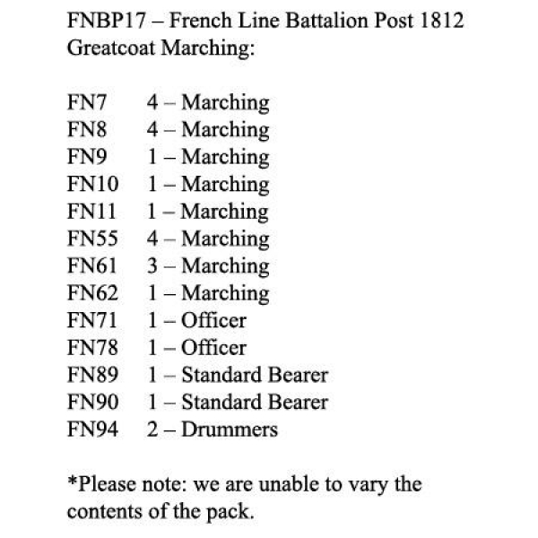 Front Rank Miniatures: FNBP17 French Line Post 1812, Greatcoat & Mixed Head Gear, Marching (25 Figur