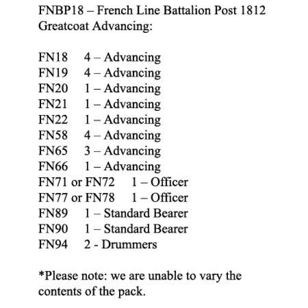 Front Rank Miniatures: FNBP18 French Line Post 1812, Greatcoat & Mixed Head Gear, Advancing (25 Figu