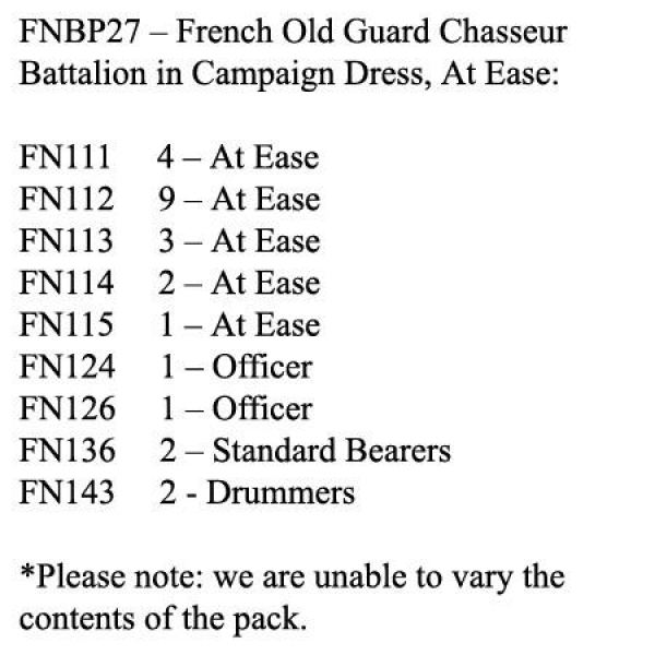 Front Rank Miniatures: FNBP27 Old Guard Chasseurs. Campaign Dress & Mixed Head Gear, At Ease (25 Fig