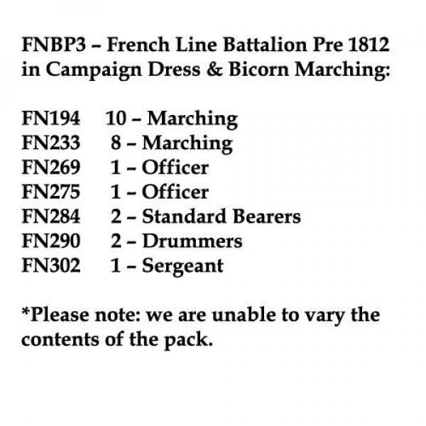 Front Rank Miniatures: FNBP3 French Line Pre 1812, Campaign Dress & Bicorn, Marching (25 Figures)