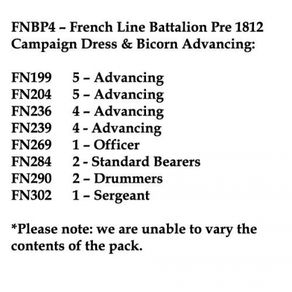Front Rank Miniatures: FNBP4 French Line Pre 1812, Campaign Dress & Bicorn, Advancing (25 Figures)