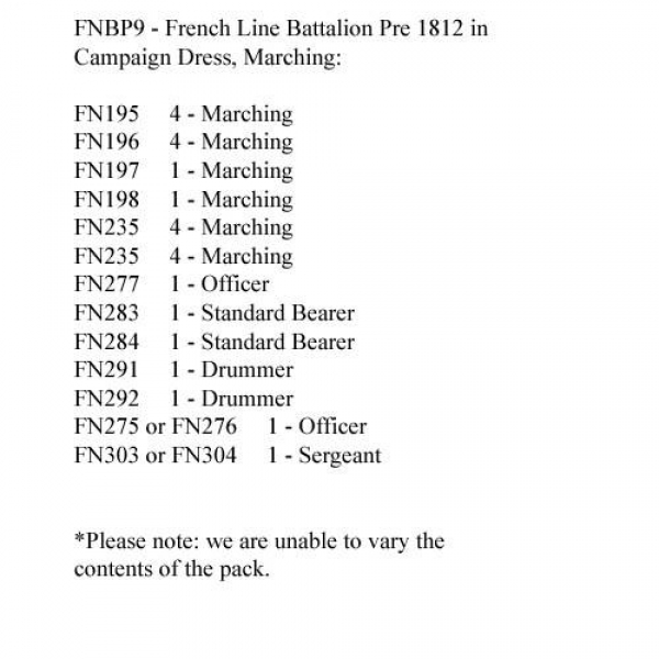Front Rank Miniatures: FNBP9 French Line Pre 1812, Campaign Dress & Mixed Head Gear, Marching (25 Fi