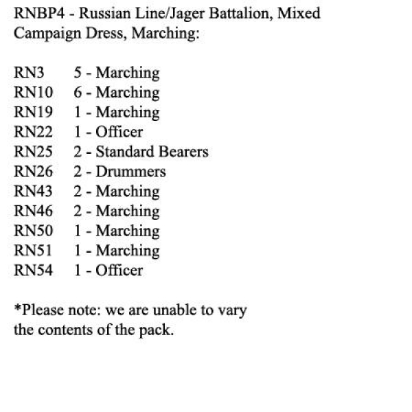 Front Rank Miniatures: RNBP4 Russian Line Musketeer / Jager Battalion, Mixed Campaign Dress, Marchin
