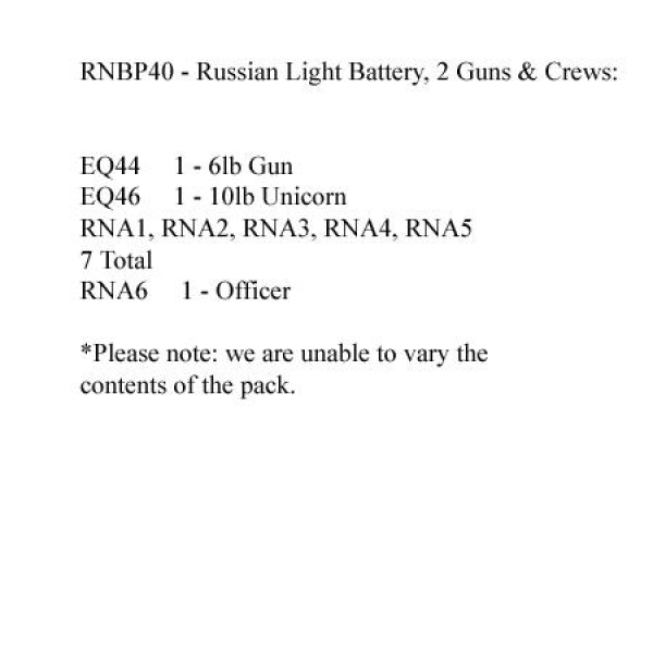 Front Rank Miniatures: RNBP40 Russian Russian Light Battery Pack (2 Guns, 8 Figures)