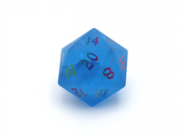 Single Gemstone D20 Dice - Sea Blue w/ Rainbow Numbers