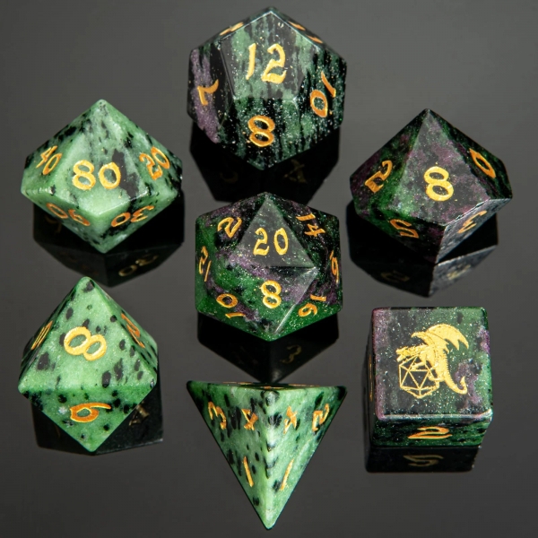 Dragon's Horde Gem Stone Polyhedral Dice Set - Ruby in Zoisite