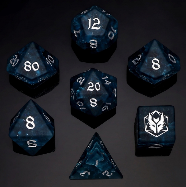 Dragon's Hoard Polyhedral Dice Set - Blasted Glass - Frosted Dark Blue Glass